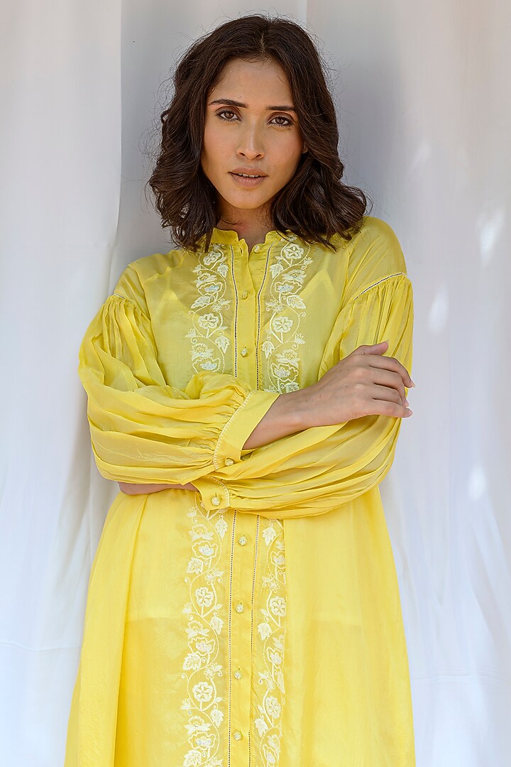 Yellow Viscose Tabby Hand Embroidered Tunic by AYAKA at Pernia's Pop Up Shop