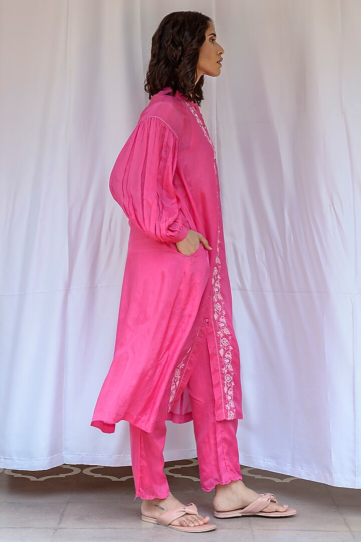 Fuchsia Viscose Tabby Hand Embroidered Tunic by AYAKA at Pernia's Pop Up Shop
