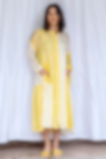 Yellow Viscose Tabby Color Blocked Dress by AYAKA