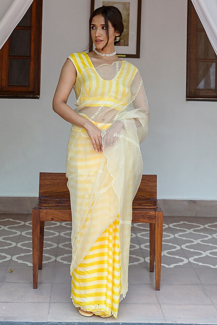 Yellow Viscose Tabby Hand Embroidered & Striped Saree by AYAKA
