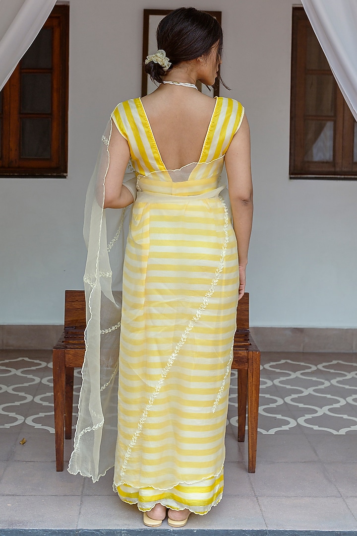 Yellow Viscose Tabby Hand Embroidered & Striped Party Wear Saree by AYAKA at Pernia's Pop Up Shop