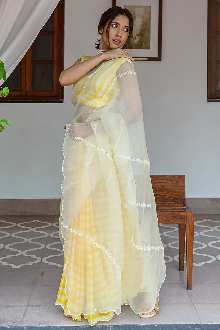 Yellow Viscose Tabby Hand Embroidered & Striped Party Wear Saree by AYAKA at Pernia's Pop Up Shop