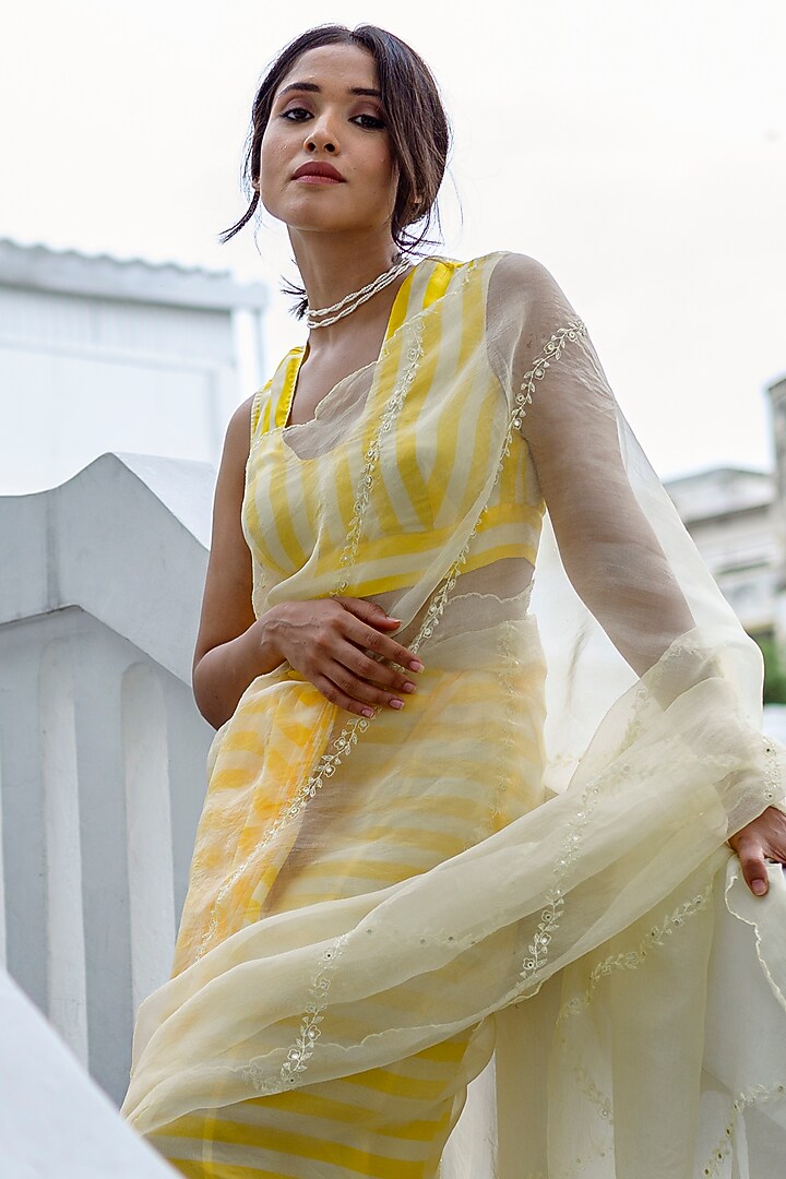 Yellow Viscose Tabby Hand Embroidered & Striped Party Wear Saree by AYAKA at Pernia's Pop Up Shop