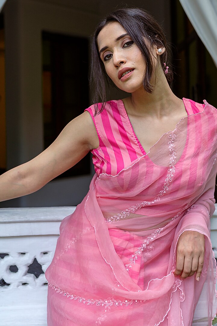 Pink Viscose Tabby Striped Blouse by AYAKA at Pernia's Pop Up Shop
