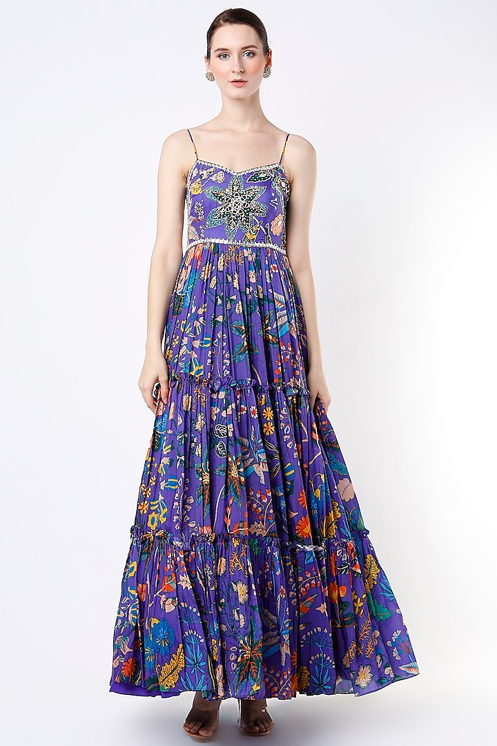 Blueberry Printed & Embroidered Gown by Aayushi Maniar