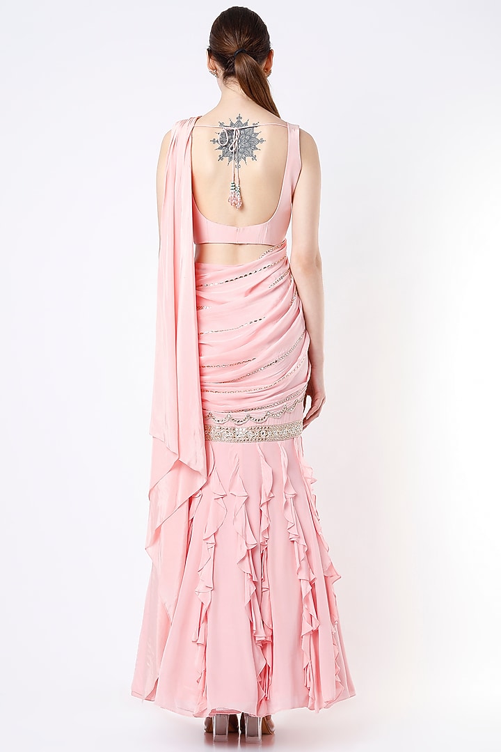 Blush Pink Crepe Silk Mirror Embroidered Pre-Draped Fish-Cut Wedding Saree by Aayushi Maniar at Pernia's Pop Up Shop