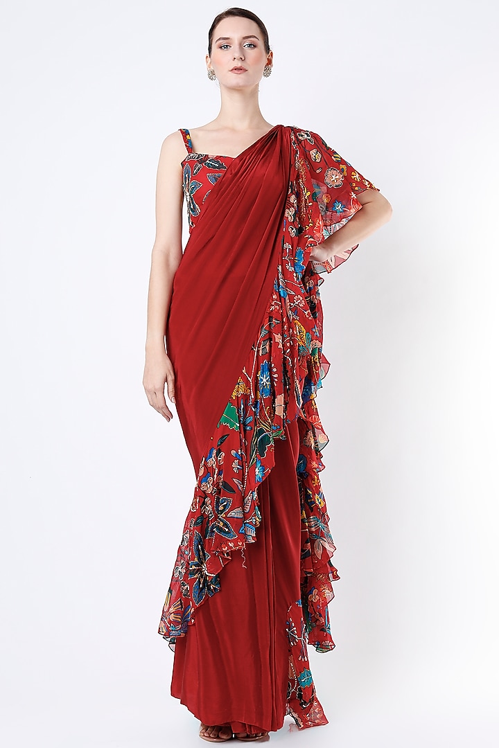 Cayenne Red Embroidered Frilled Saree Set by Aayushi Maniar