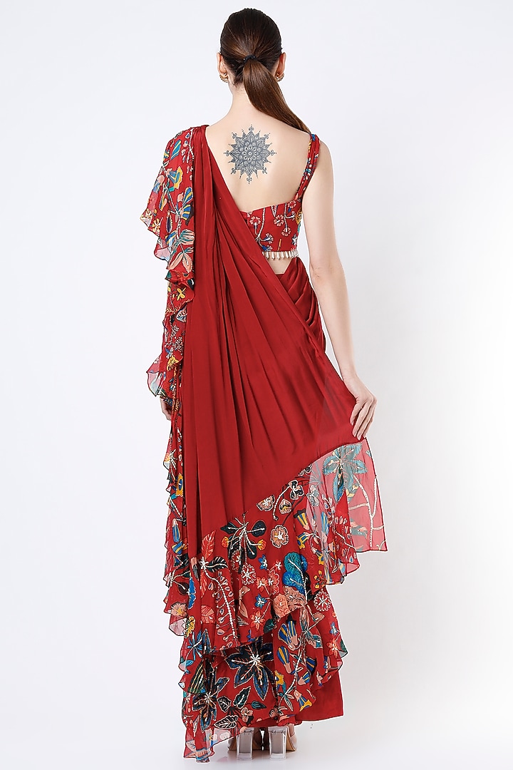 Cayenne Red Embroidered Frilled Wedding Saree Set by Aayushi Maniar at Pernia's Pop Up Shop