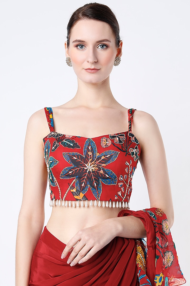 Cayenne Red Embroidered Frilled Wedding Saree Set by Aayushi Maniar at Pernia's Pop Up Shop