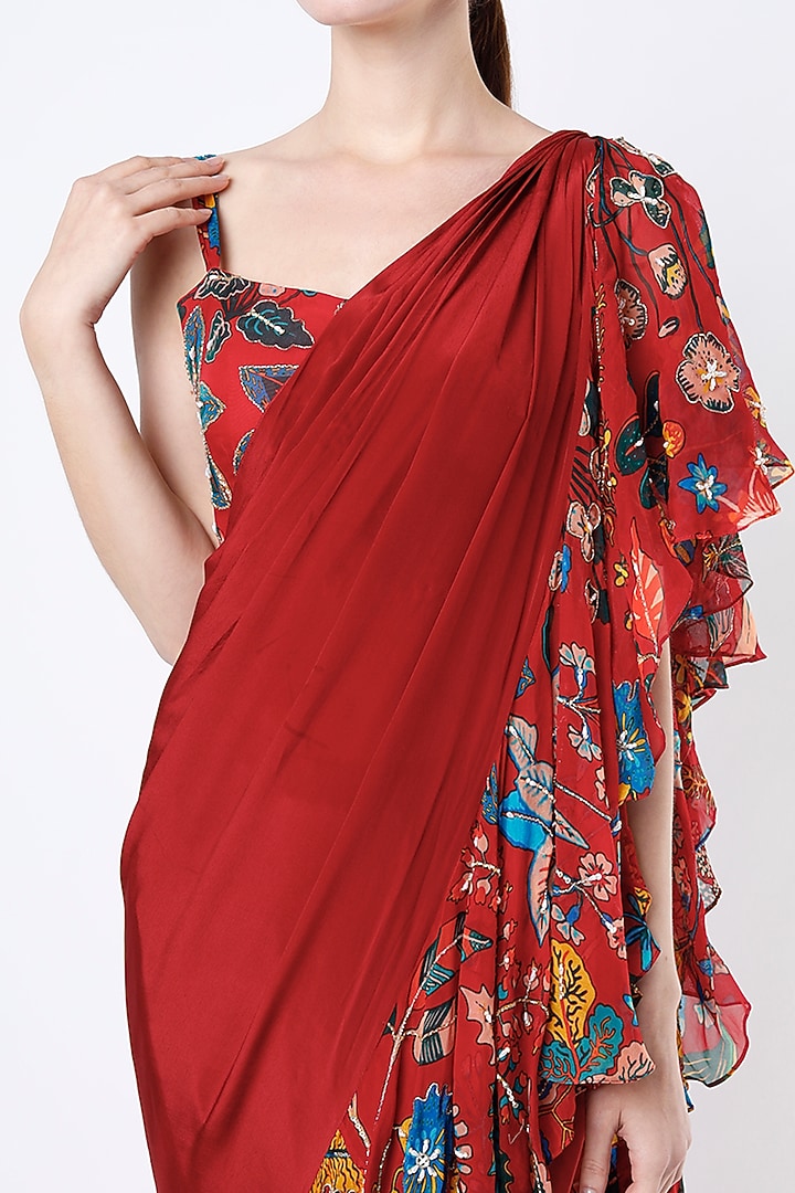Cayenne Red Embroidered Frilled Wedding Saree Set by Aayushi Maniar at Pernia's Pop Up Shop