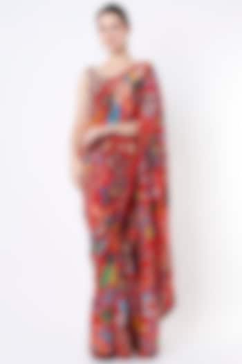 Cadmium Red Crepe Silk Floral Printed Saree Set by Aayushi Maniar