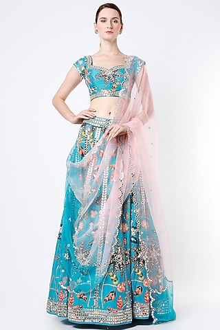 Turquoise Embroidered Lehenga Set by Aayushi Maniar