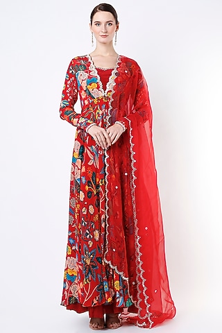 Cadmium Red Printed Flared Anarkali Set by Aayushi Maniar