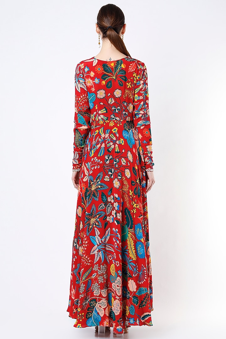 Cadmium Red Printed Flared Wedding Anarkali Set by Aayushi Maniar at Pernia's Pop Up Shop
