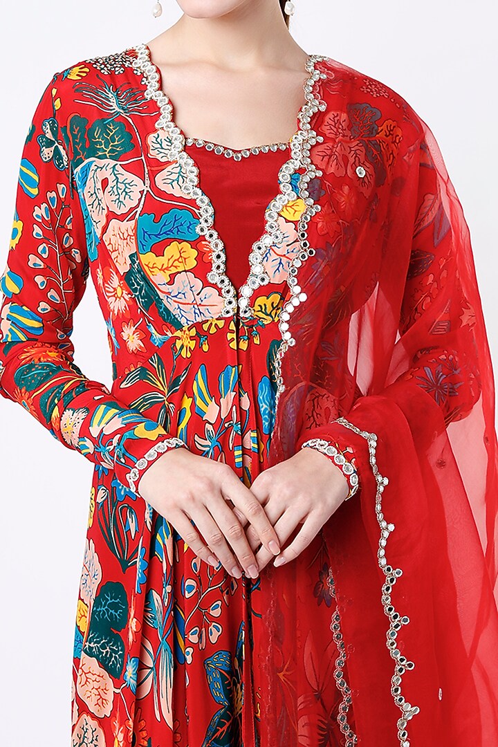 Cadmium Red Printed Flared Wedding Anarkali Set by Aayushi Maniar at Pernia's Pop Up Shop