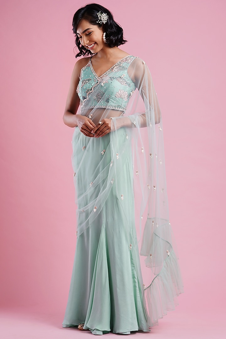 Powder Blue Embroidered Pre Draped Saree Set by Aayushi Maniar