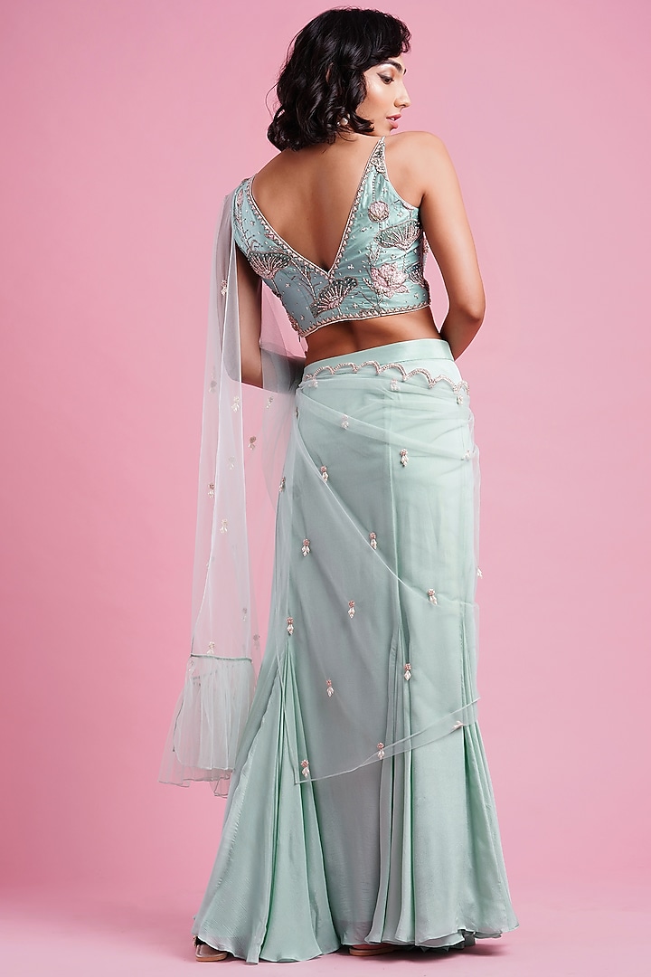 Powder Blue Embroidered Pre Draped Wedding Saree Set by Aayushi Maniar at Pernia's Pop Up Shop