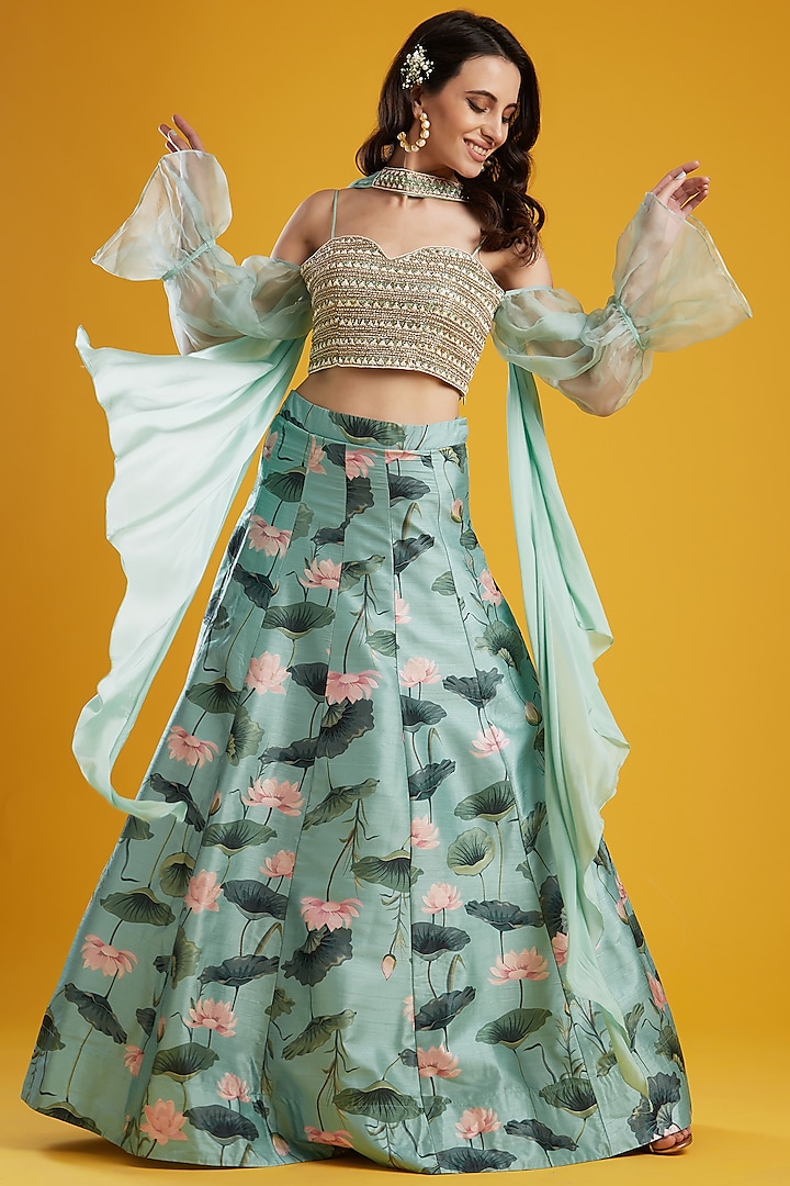 Powder Blue Embroidered Lehenga Set by Aayushi Maniar