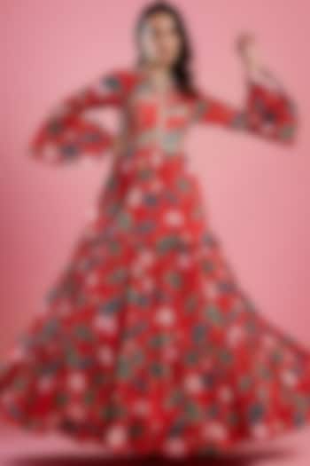 Red Printed Anarkali Gown by Aayushi Maniar