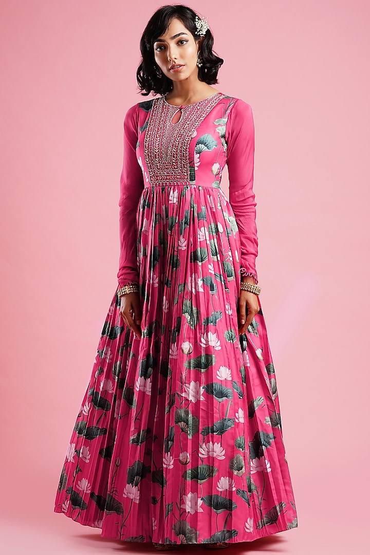 Pink Embroidered Printed Anarkali Set by Aayushi Maniar