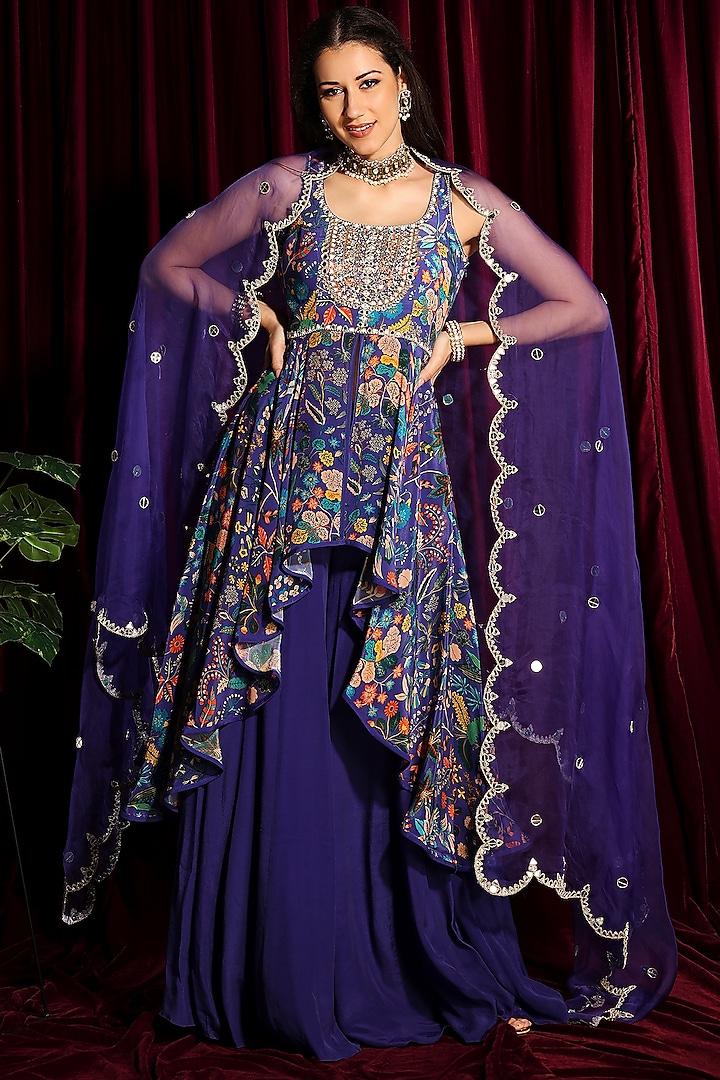 Clear Purple Hand Embroidered Gharara Set by Aayushi Maniar