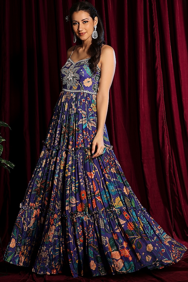 Clear Purple Printed Anarkali Gown by Aayushi Maniar