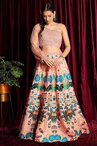 Peach Hand Embroidered Kalidar Lehenga Set by Aayushi Maniar