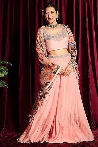 Peach Printed Cape Set by Aayushi Maniar