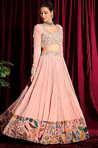 Peach Embroidered Gathered Lehenga Set by Aayushi Maniar