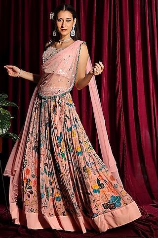 Peach Printed & Embroidered Gathered Lehenga Set by Aayushi Maniar