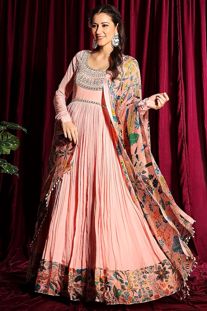 Peach Embroidered Gathered Anarkali Set by Aayushi Maniar