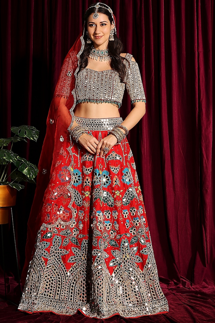 Fiery Red Hand Embroidered Lehenga Set by Aayushi Maniar
