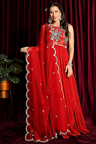Fiery Red Hand Embroidered Anarkali Set by Aayushi Maniar
