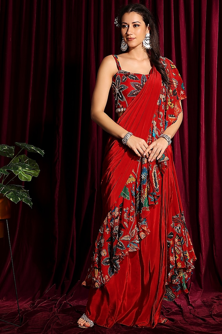 Fiery Red Crepe Silk Hand Embroidered Frilled Pre-Draped Saree Set by Aayushi Maniar