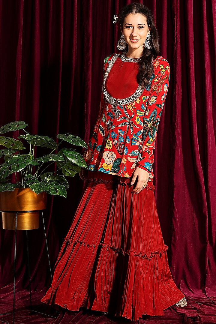 Fiery Red Gathered Jumpsuit With Tunic Jacket by Aayushi Maniar