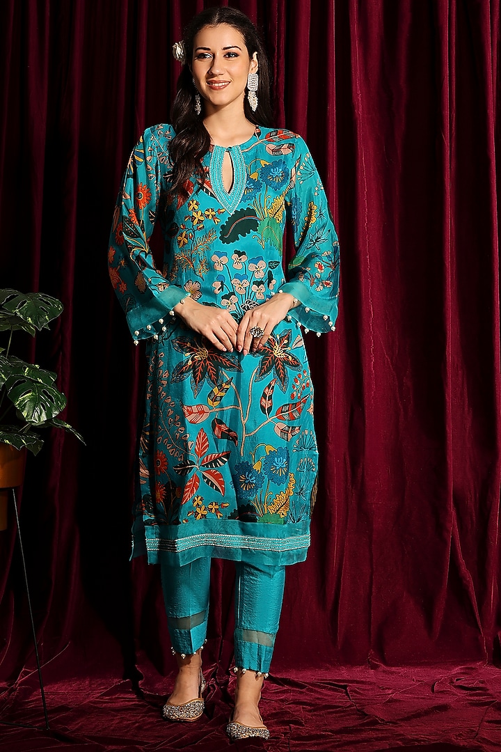 Fluorescent Turquoise Hand Embroidered Straight Tunic Set by Aayushi Maniar