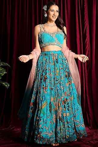 Fluorescent Turquoise Gathered Lehenga Set by Aayushi Maniar