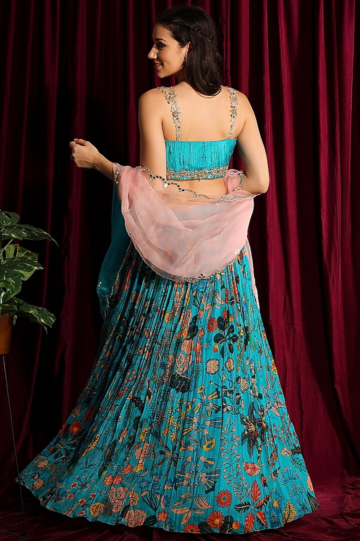Fluorescent Turquoise Gathered Wedding Lehenga Set by Aayushi Maniar at Pernia's Pop Up Shop