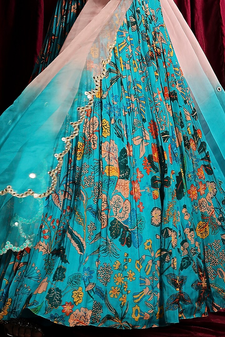 Fluorescent Turquoise Gathered Wedding Lehenga Set by Aayushi Maniar at Pernia's Pop Up Shop