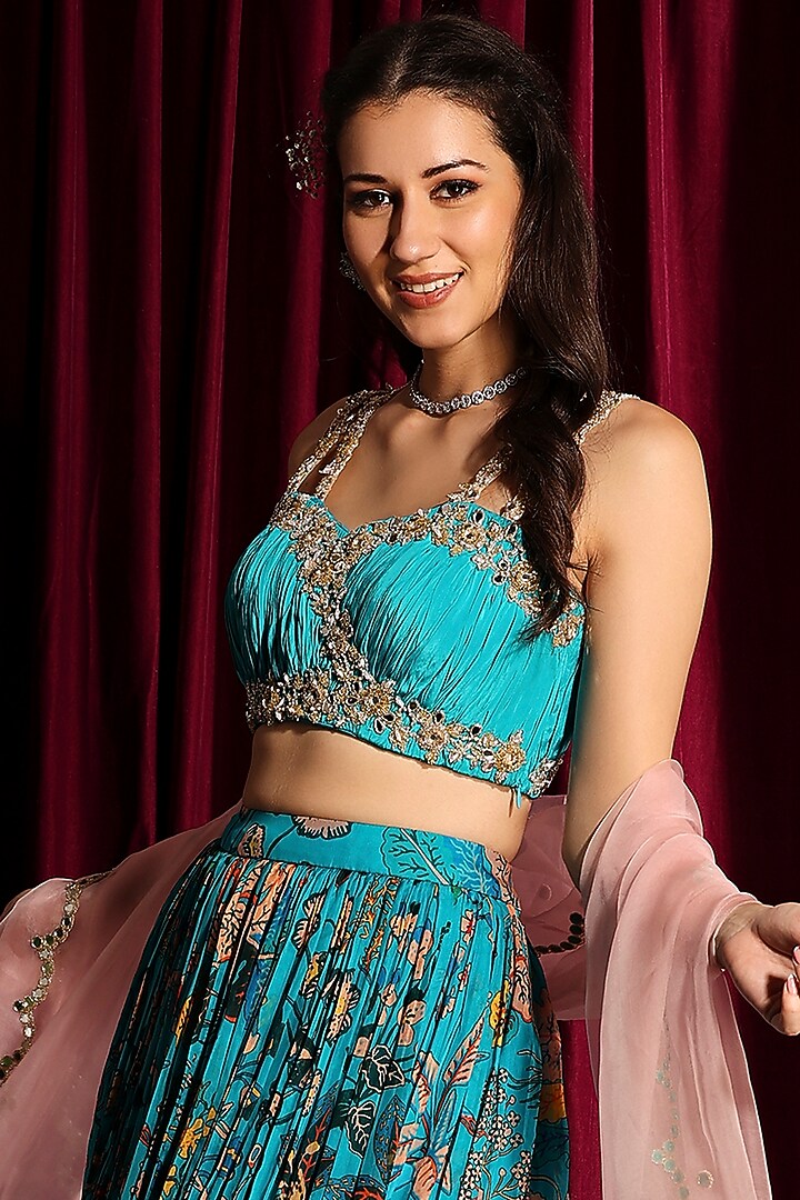 Fluorescent Turquoise Gathered Wedding Lehenga Set by Aayushi Maniar at Pernia's Pop Up Shop