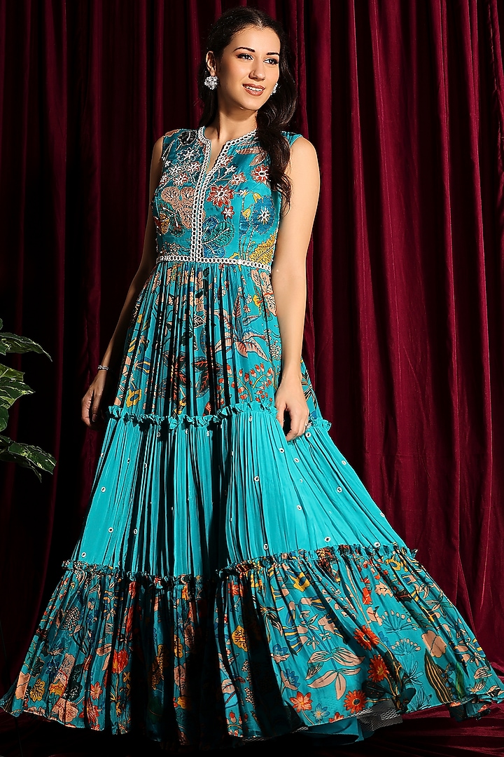 Fluorescent Turquoise Hand Embroidered Gathered Anarkali Gown by Aayushi Maniar