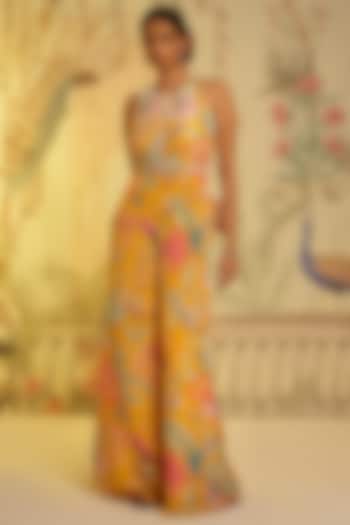 Yellow Crepe Silk Hand Embroidered Jumpsuit by Aayushi Maniar