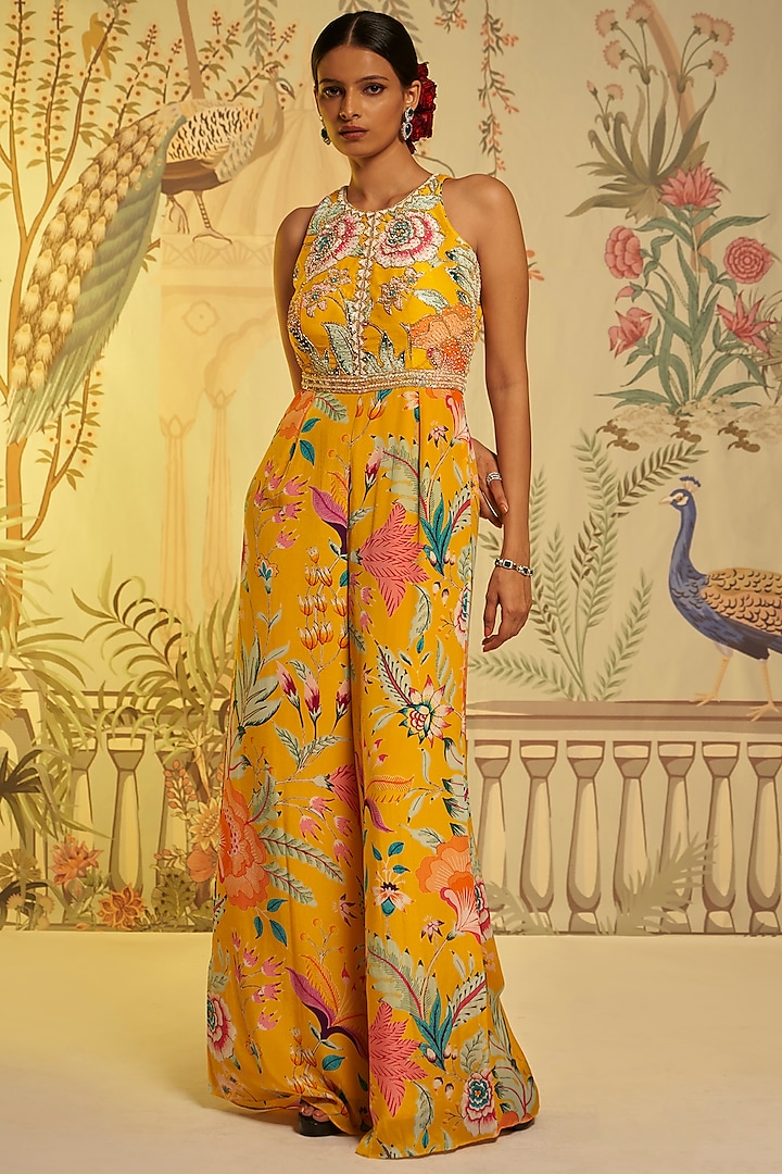 Yellow Crepe Silk Hand Embroidered Jumpsuit by Aayushi Maniar