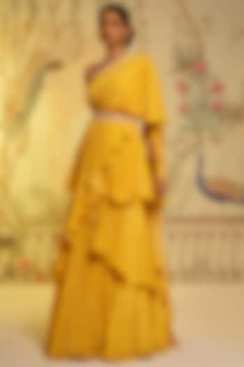 Yellow Crepe Silk Hand Embroidered Frilled Saree Set by Aayushi Maniar