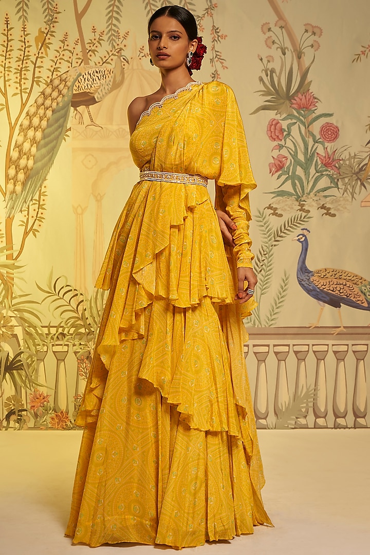 Yellow Crepe Silk Hand Embroidered Frilled Saree Set by Aayushi Maniar
