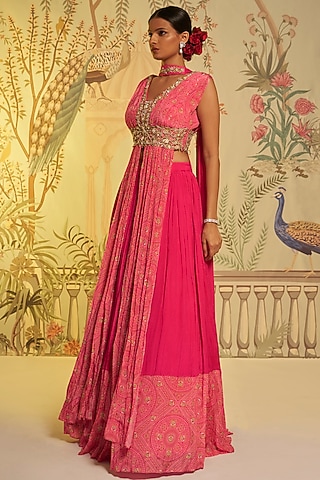 Rani Pink Georgette Crepe Hand Embroidered Lehenga Set by Aayushi Maniar