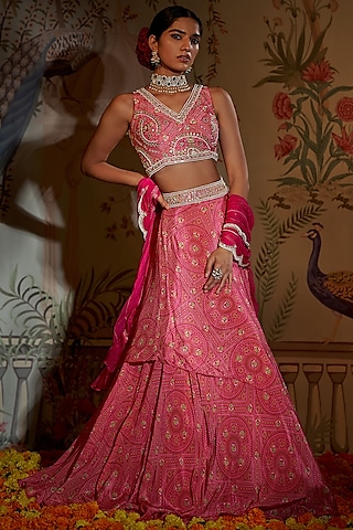 Rani Pink Crepe Silk Hand Embroidered Tiered Lehenga Set by Aayushi Maniar