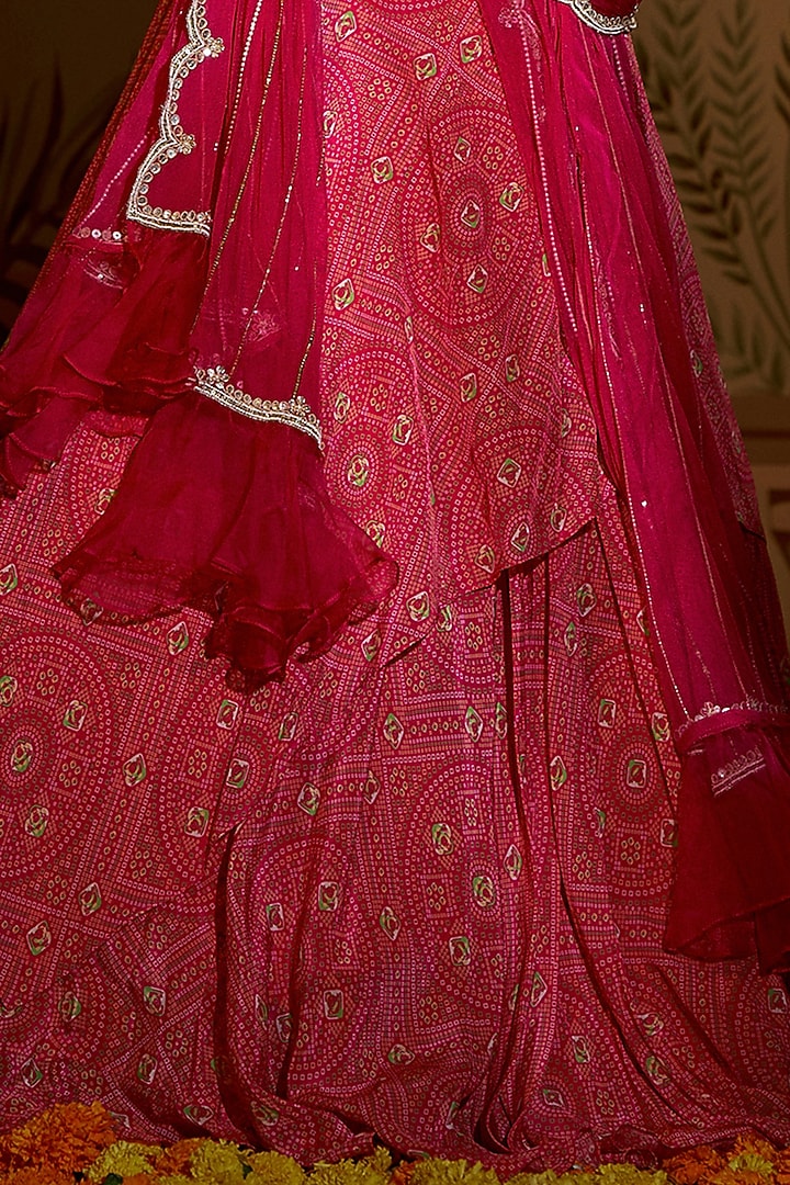 Rani Pink Crepe Silk Hand Embroidered Tiered Wedding Lehenga Set by Aayushi Maniar at Pernia's Pop Up Shop