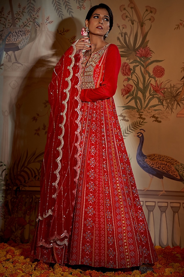 Scarlet Red Crepe Silk Hand Embroidered Anarkali Set by Aayushi Maniar