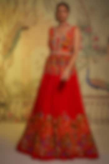 Red Crepe Silk Embroidered Anarkali Set by Aayushi Maniar
